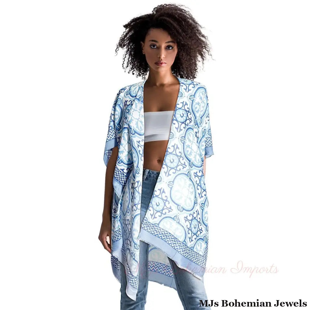 Blue Tile Print Kimono