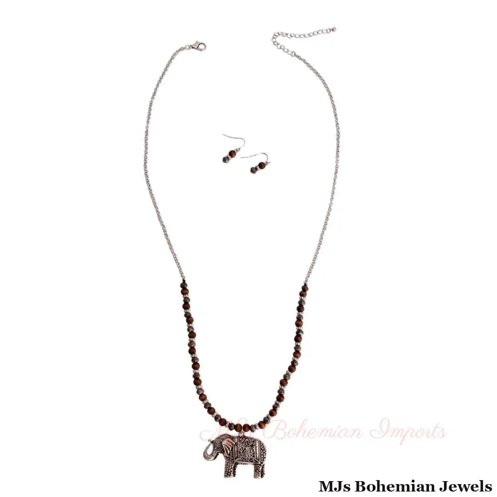 Brown Burnished Silver and Bead Elephant Necklace