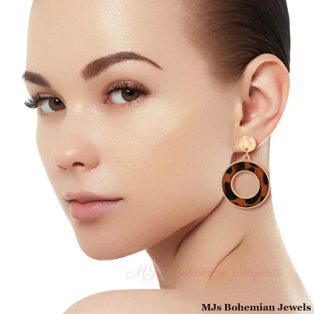 Brown Leopard Fur Ring Earrings