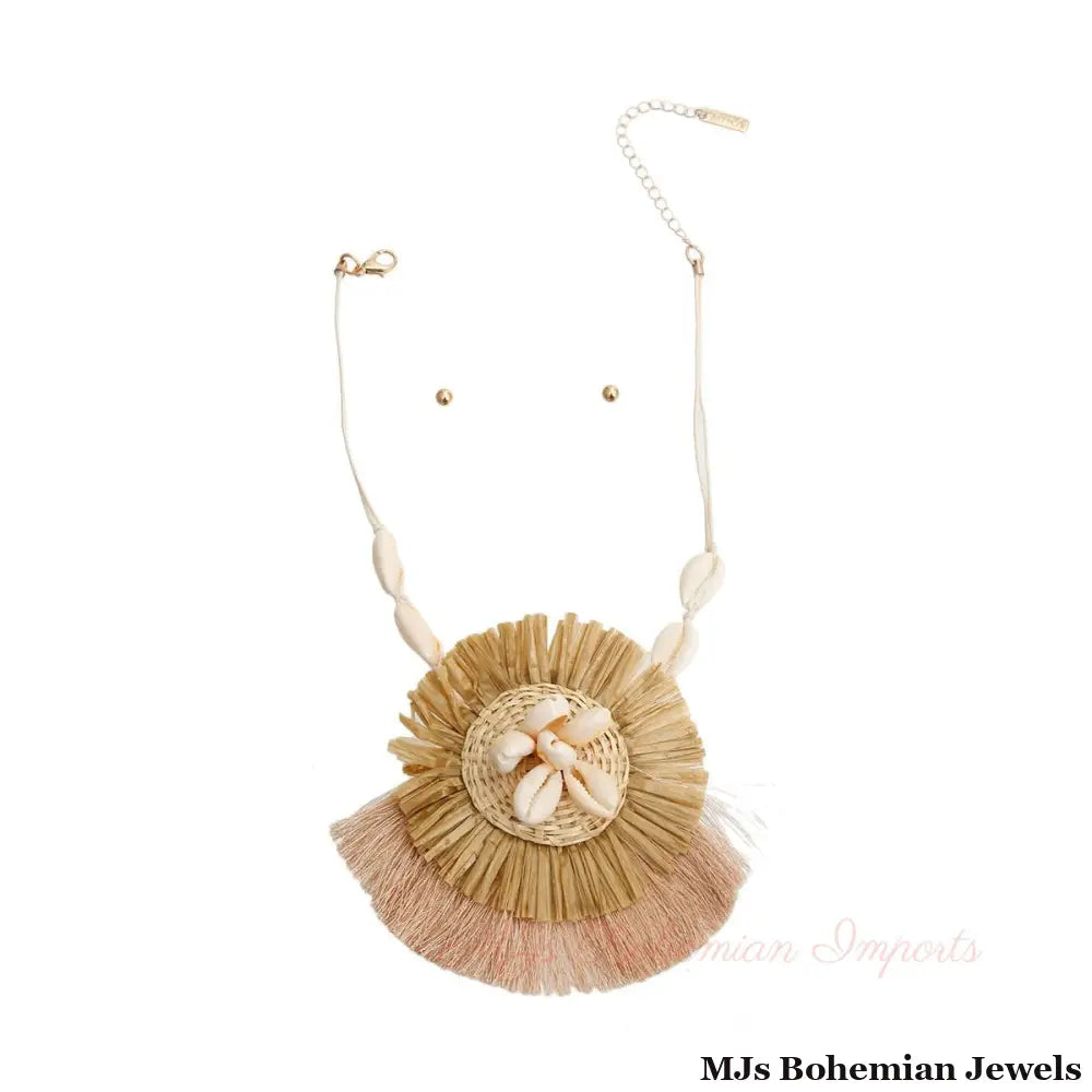 Brown Shell Raffia Tassel Set