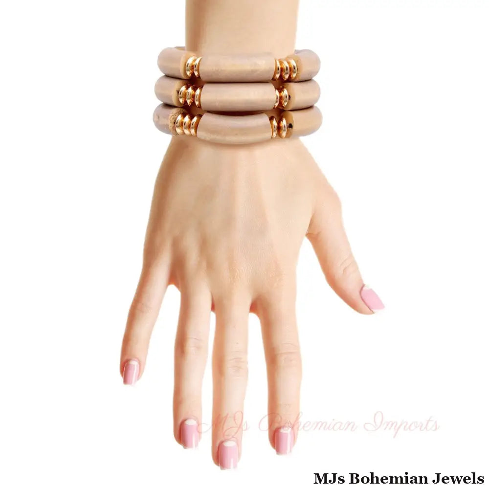 Brown Wood Tube Stretch Bangle Set