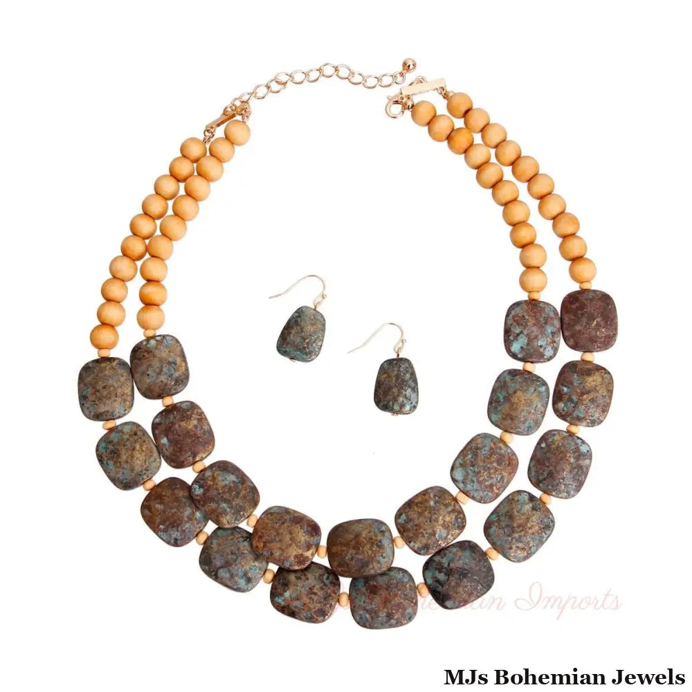 Brown Wooden Bead Patina Necklace