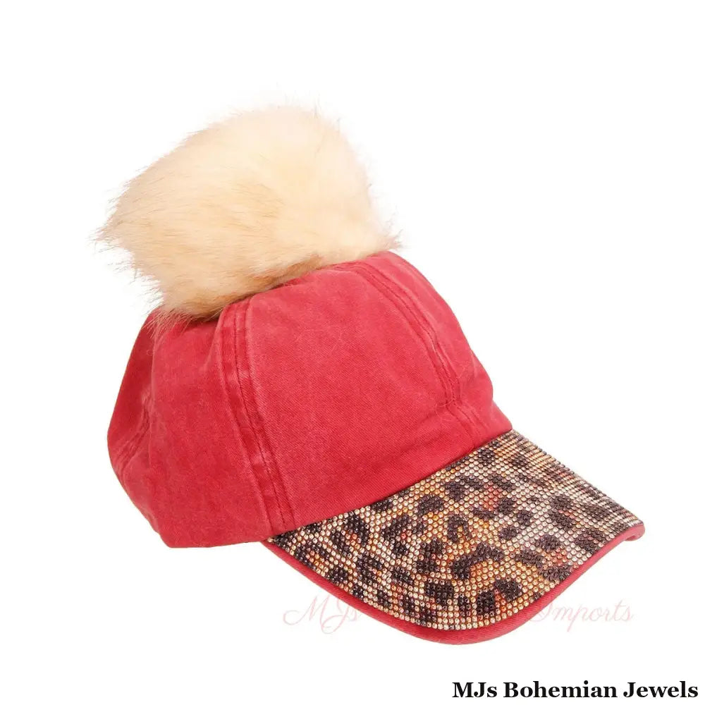 Burgundy Leopard Rhinestone Pom Cap