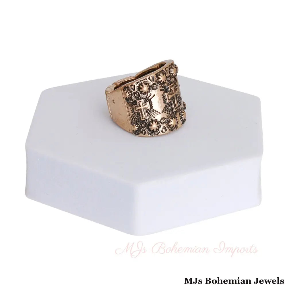 Burnished Gold Metal Boho Cross Ring