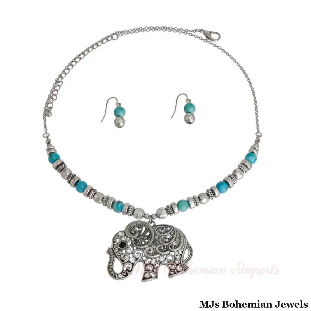 Burnished Silver and Bead Elephant Necklace