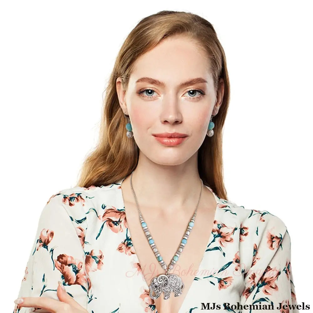 Burnished Silver and Bead Elephant Necklace