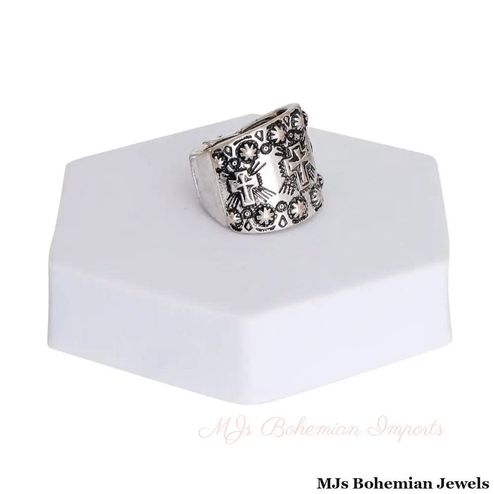 Burnished Silver Metal Boho Cross Ring