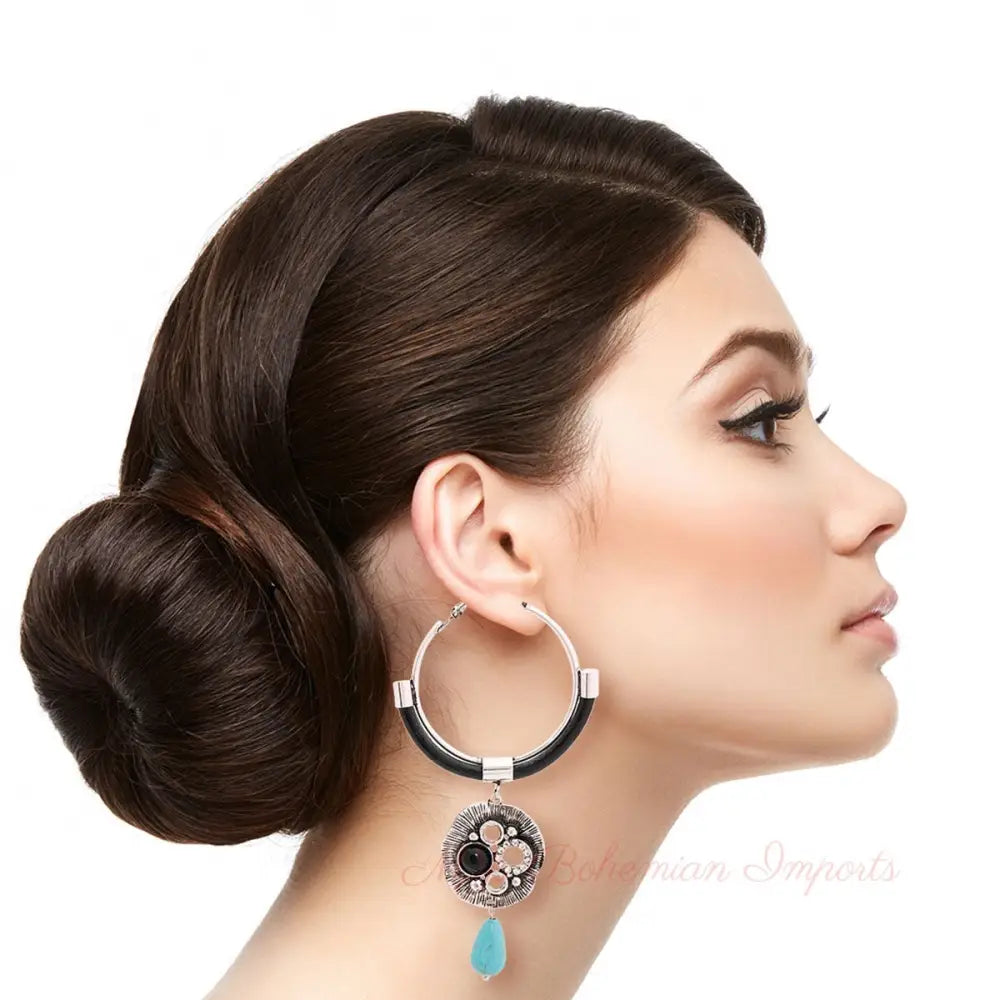 Burnished Silver Turquoise Drop Hoops