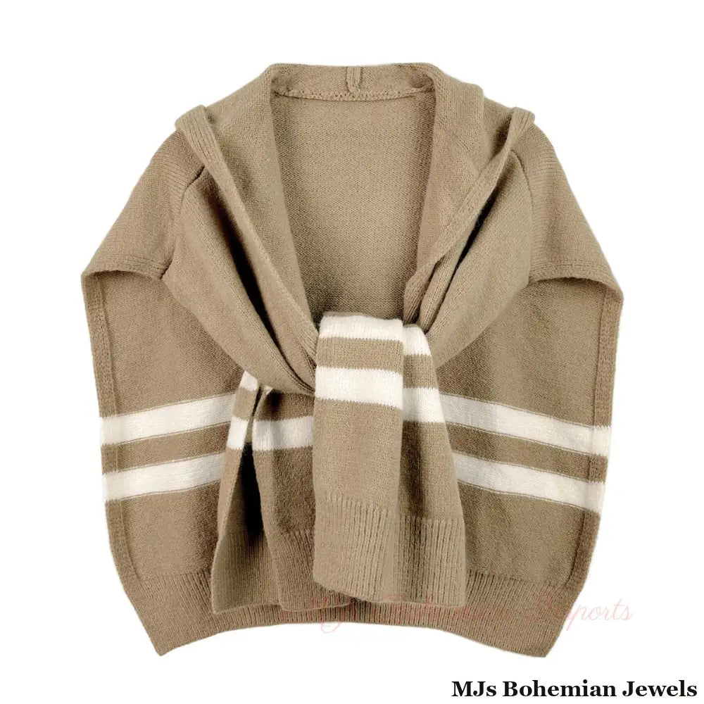 Camel Hooded Stripe Knit Kimono