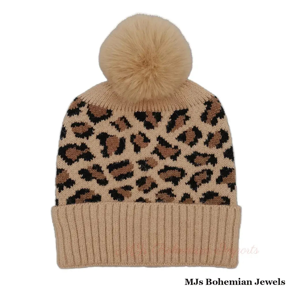 Camel Leopard Pom Beanie