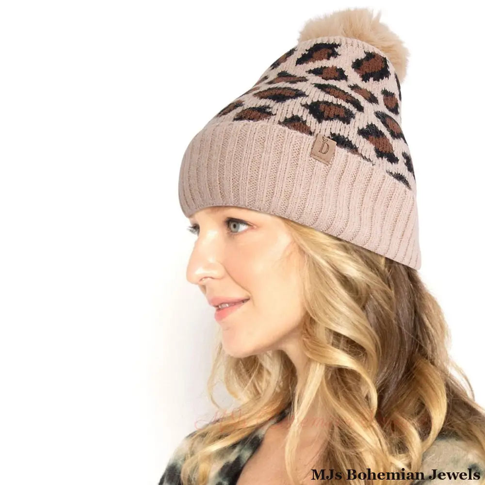 Camel Leopard Pom Beanie