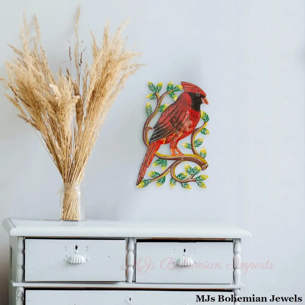 Cardinal on Branch, Painted Haitian Steel Drum Wall Art