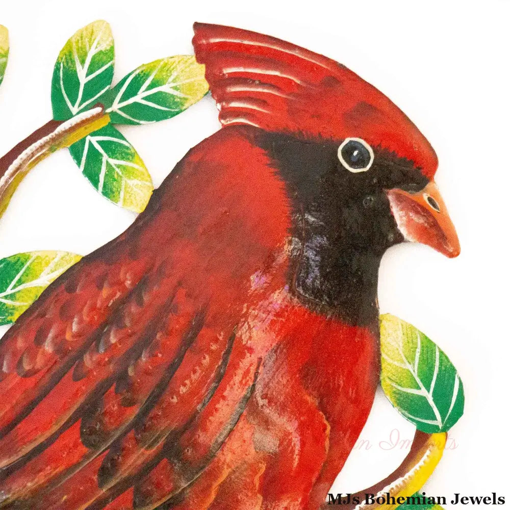 Cardinal on Branch, Painted Haitian Steel Drum Wall Art