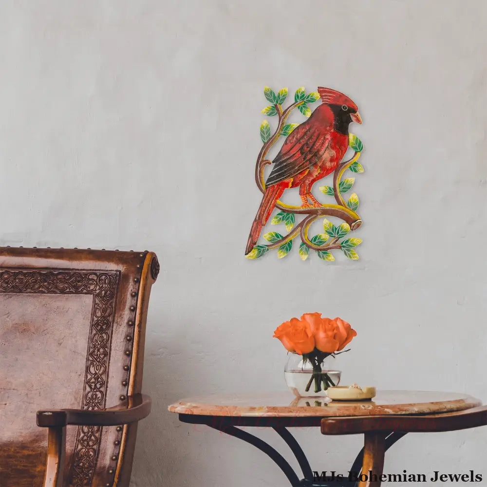 Cardinal on Branch, Painted Haitian Steel Drum Wall Art