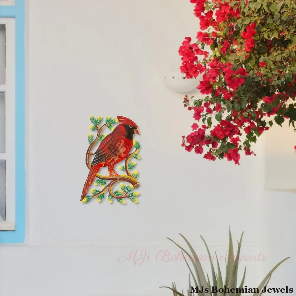 Cardinal on Branch, Painted Haitian Steel Drum Wall Art