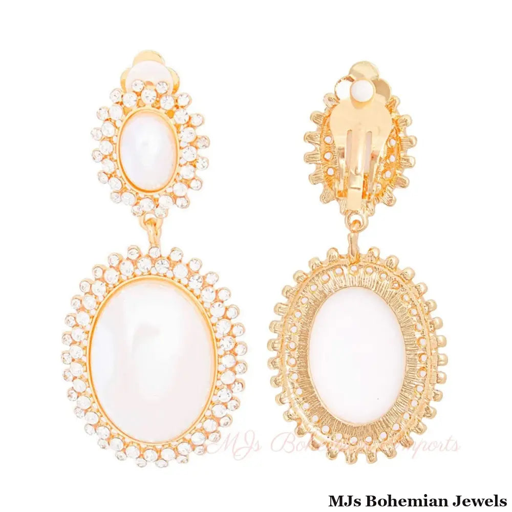 Clip On Gold Medium Pearl Halo Earrings for Women