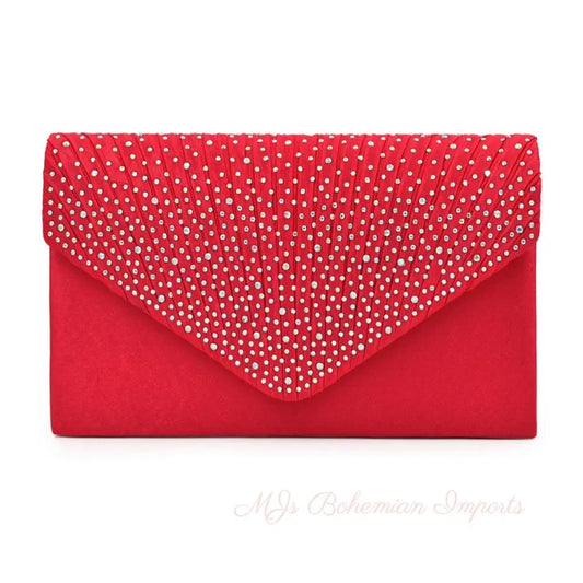 Clutch Red Ruched Rhinestone Bag for Women