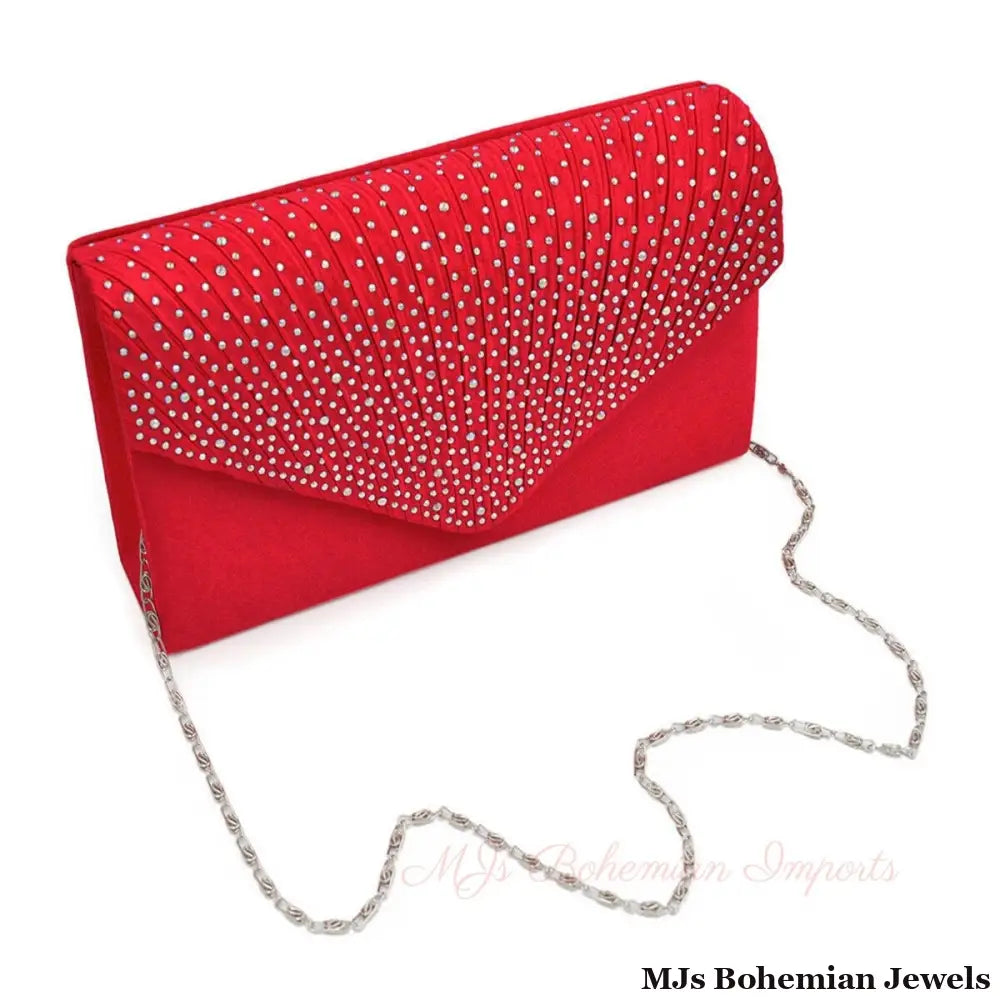 Clutch Red Ruched Rhinestone Bag for Women