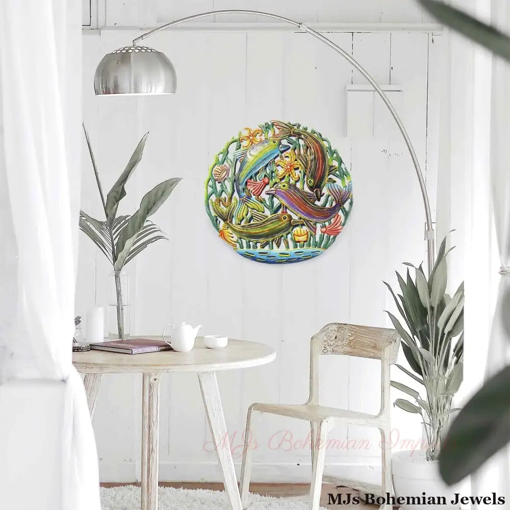 Coastal Playful Dolphins Haitian Metal Drum Wall Art