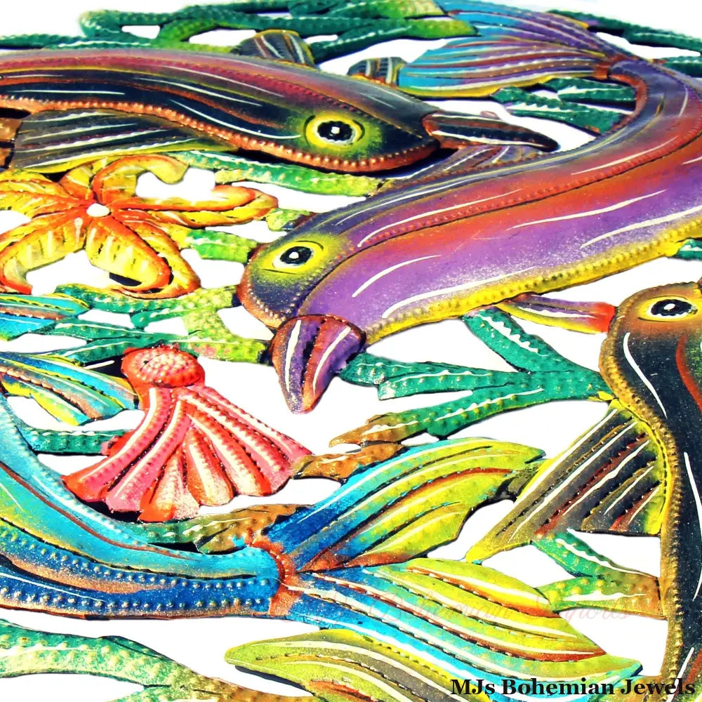 Coastal Playful Dolphins Haitian Metal Drum Wall Art