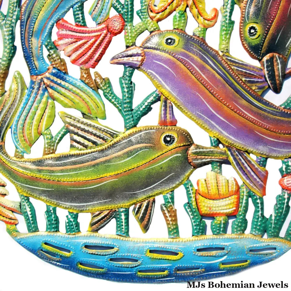 Coastal Playful Dolphins Haitian Metal Drum Wall Art