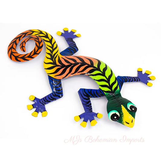 Colorful Gecko Haitian Steel Drum Wall Art, 13 inch Black Stipes