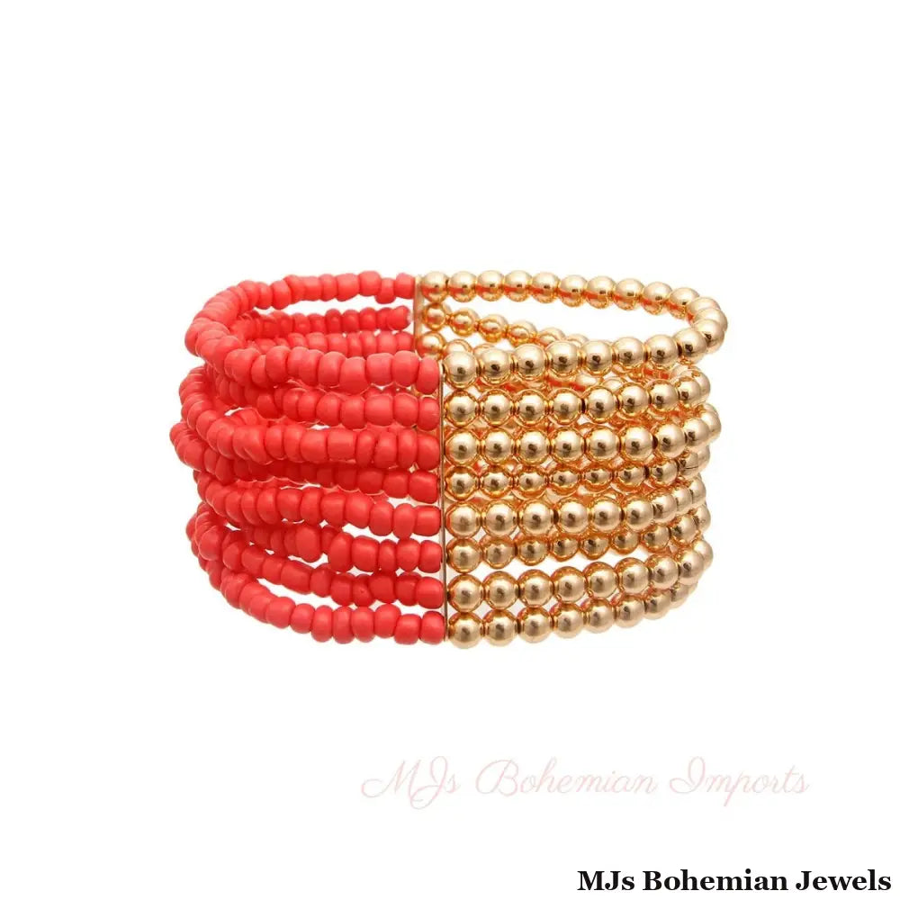 Coral and Gold Seed Bead Bracelet