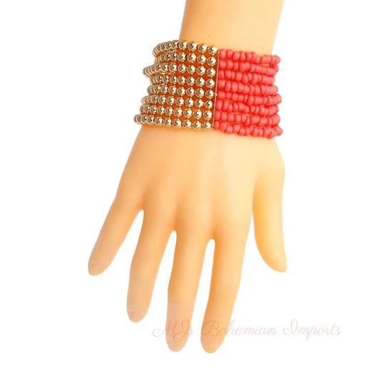 Coral and Gold Seed Bead Bracelet