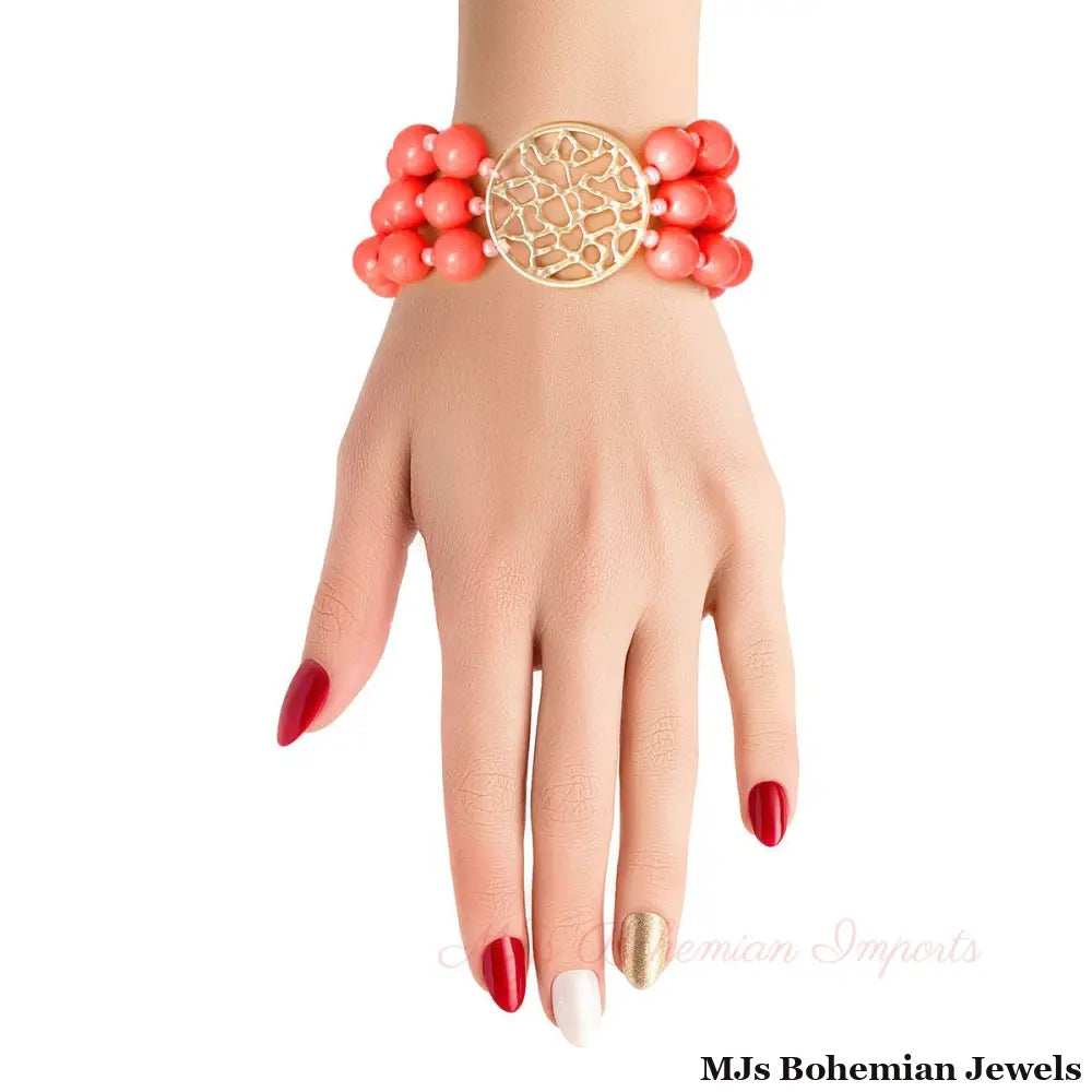 Coral Bead Round Gold Bracelet