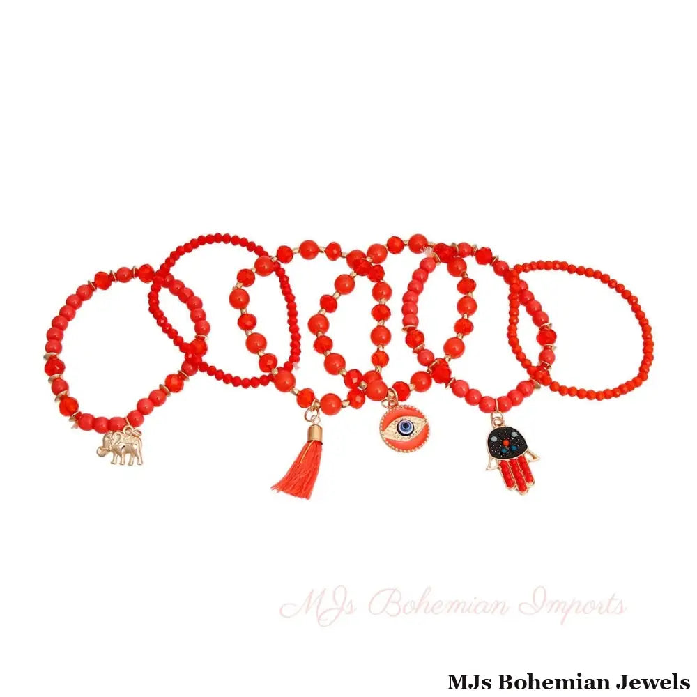 Coral Hamsa 6 Pcs Bracelets