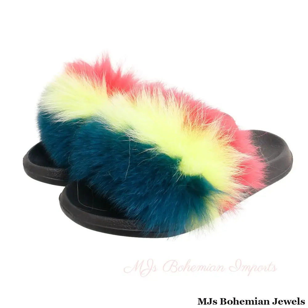 Coral to Green Fox Fur Medium Slippers