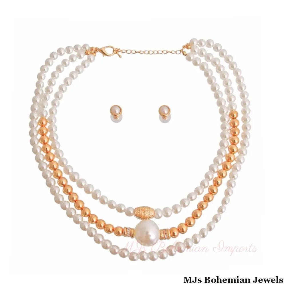 Cream and Gold Pearl 3 Strand Necklace Set