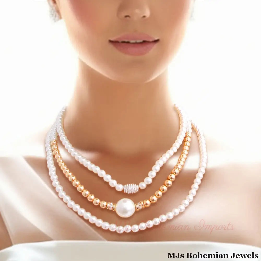 Cream and Gold Pearl 3 Strand Necklace Set