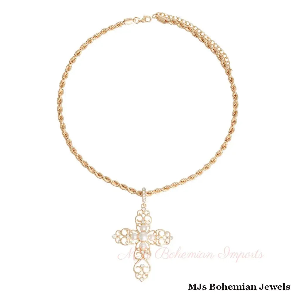 Cream Filigree Cross Necklace