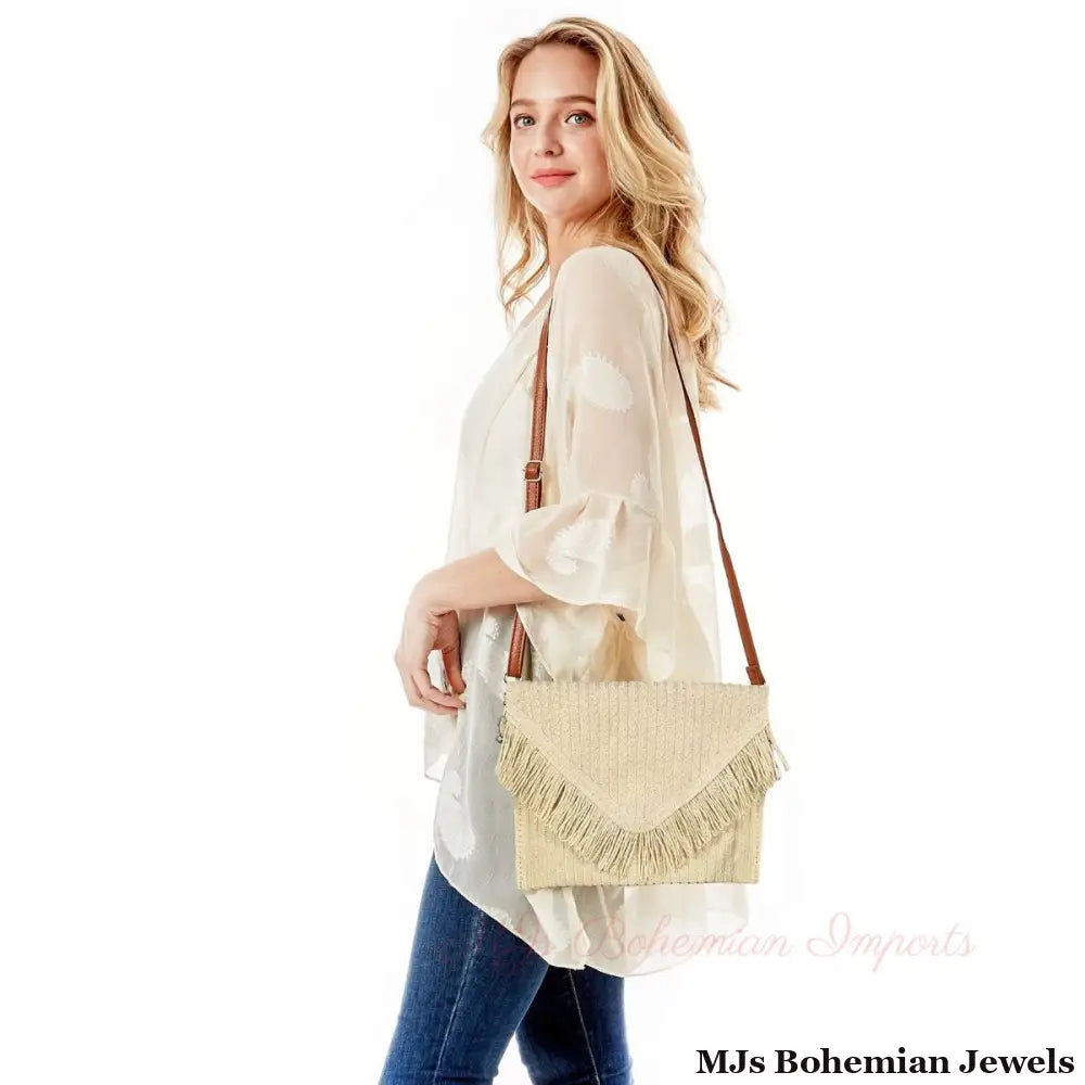 Cream Fringe Envelope Clutch