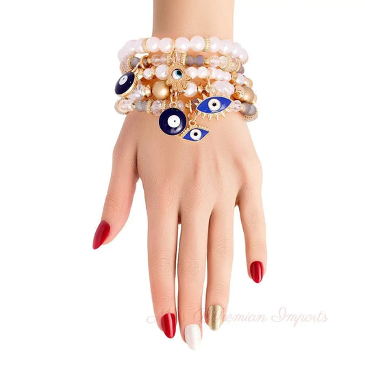 Cream Pearl Bead Evil Eye Bracelets