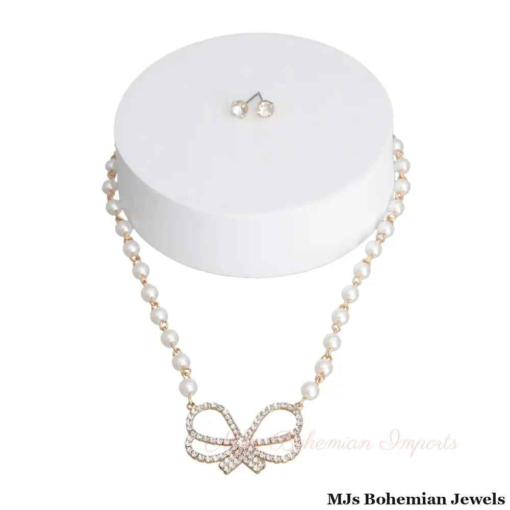 Cream Pearl Rhinestone Bow Necklace