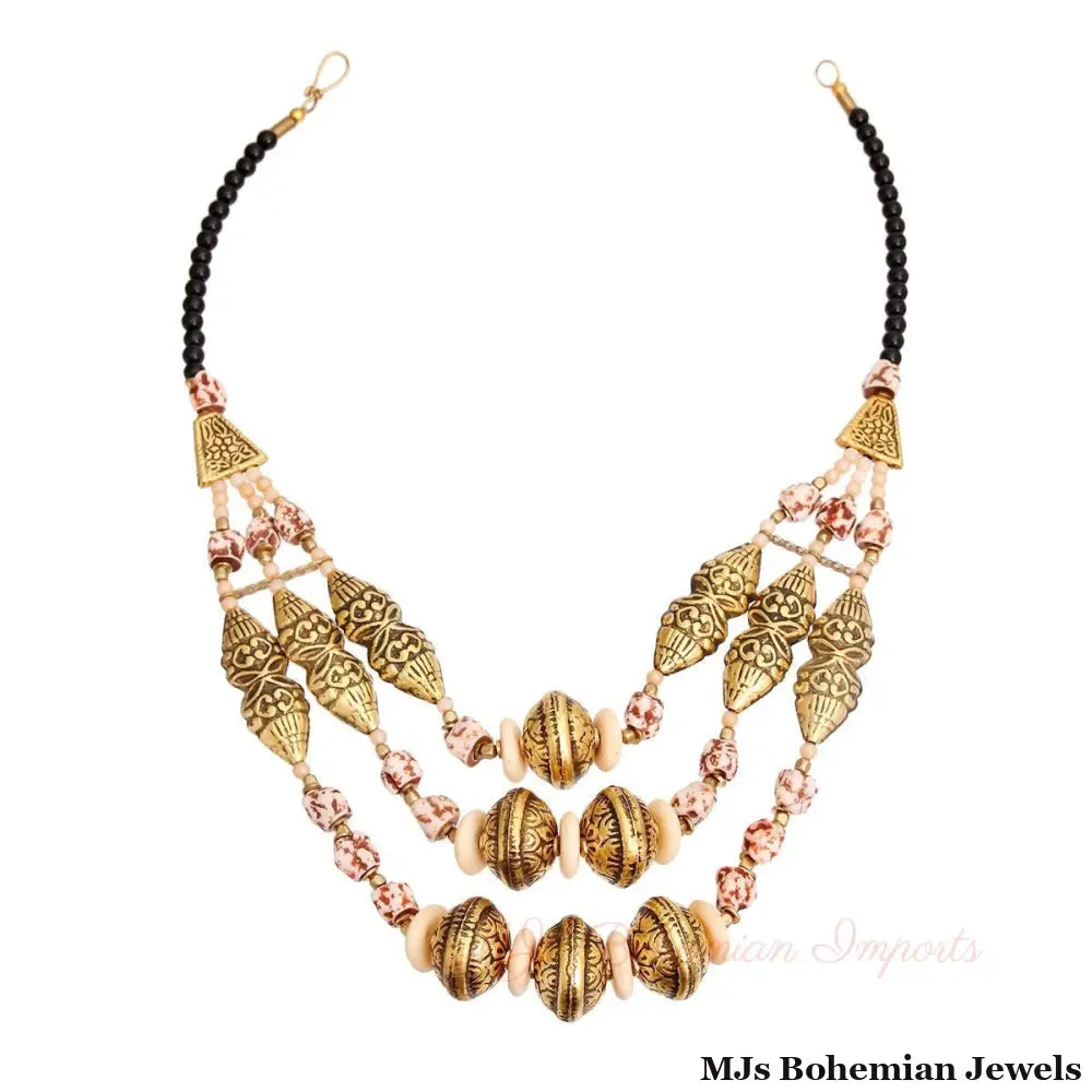 Cream Stone Engraved Gold Necklace