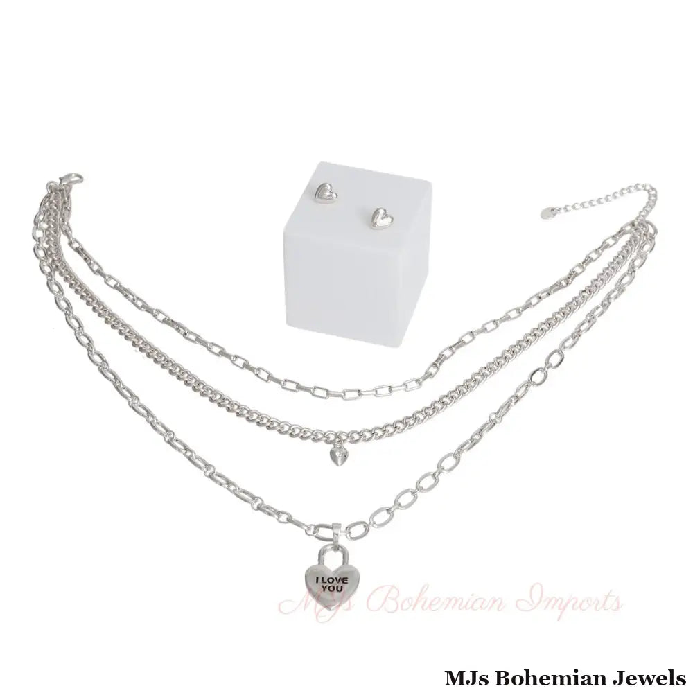 Dainty Silver 3 Layer Chain Locked Heart Necklace Set