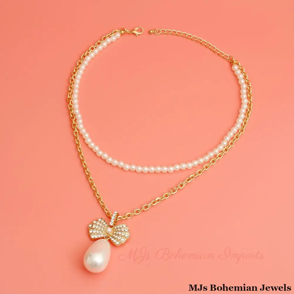Double Layer Pearl Bow Gold Necklace