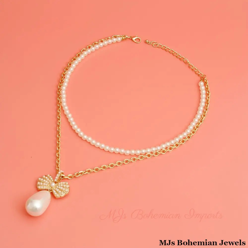 Double Layer Pearl Bow Necklace