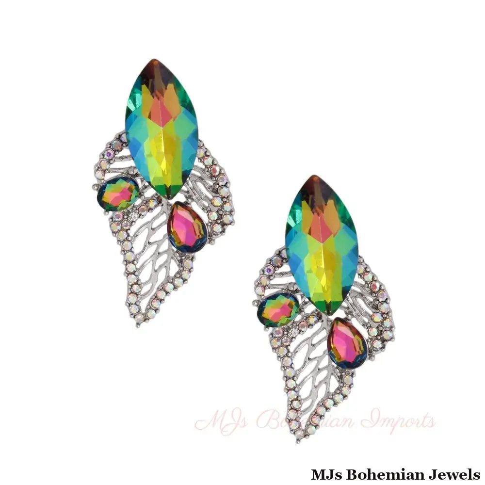 Elegant Pink Green Leaf Stud