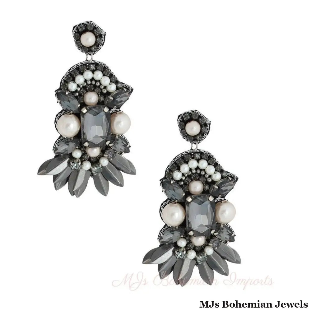 Embroidered Pearl Black Stone Earrings