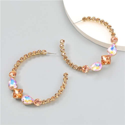 Vintage C-shaped Colorful Rhinestone Inlaid Wholesale Fashion Jewelry Women Hoop Earrings - Golden