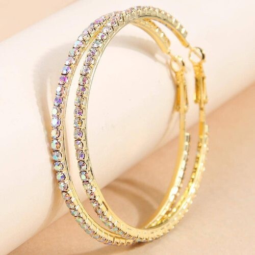 U.S. Fashion Wholesale Jewelry Exaggerated Design Rhinestone Embellished Large Hoop Earrings - Golden