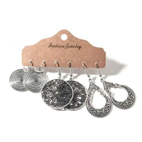 Vintage Waterdrop and Floral Silver Hoop Unique Bohemian Fashion 3 pcs Women Wholesale Earrings Set