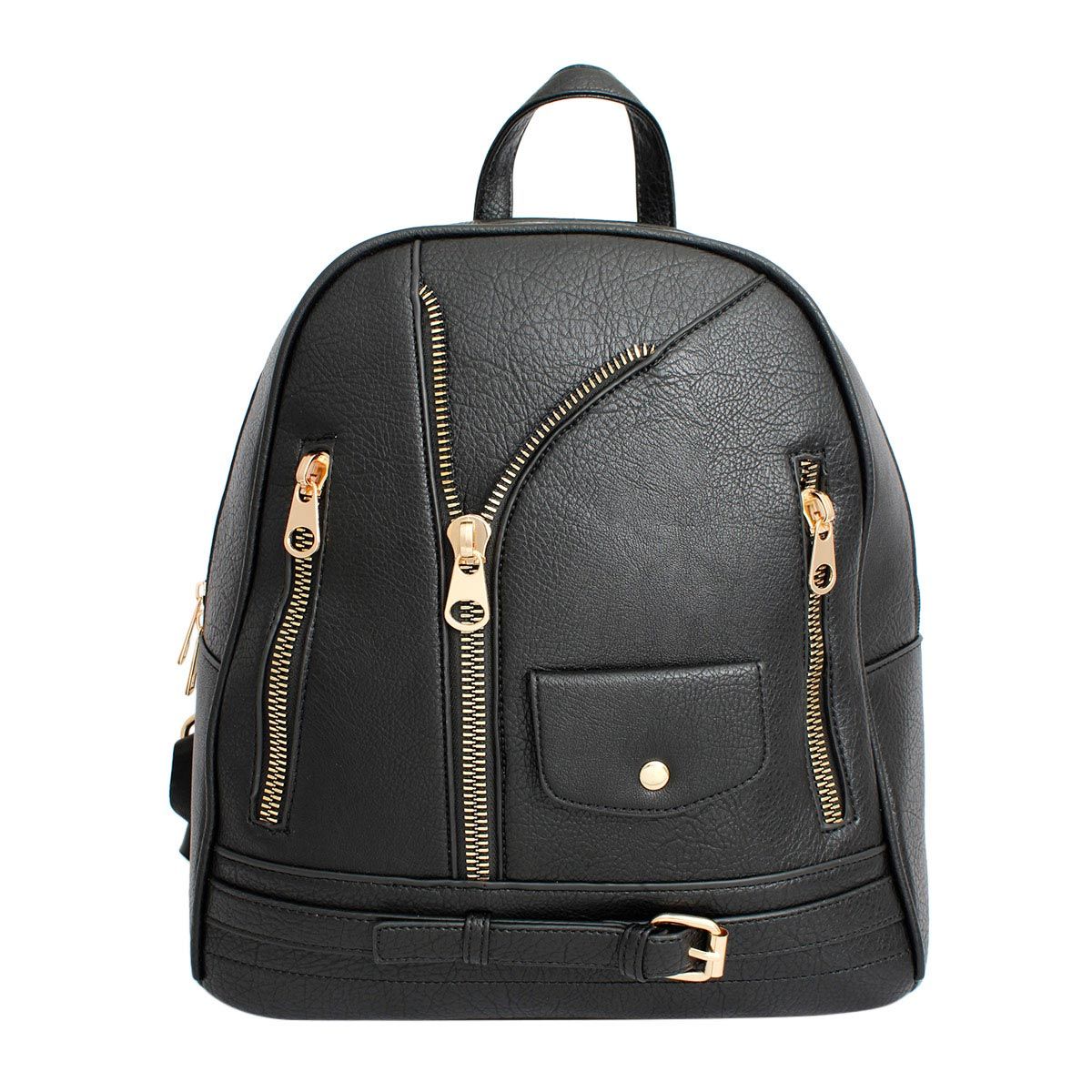 Moto Backpack Black Zipper Medium Bag for Women