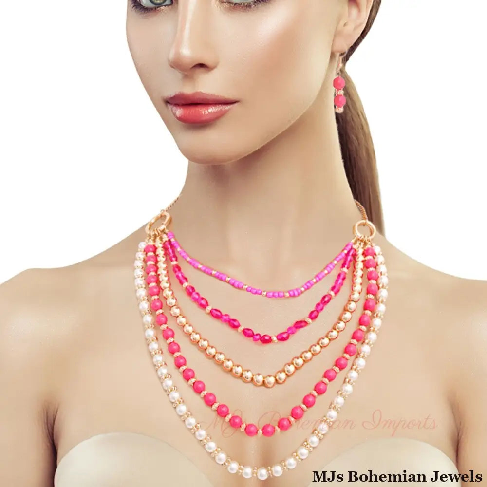Fuchia Beads Pearl Necklace Set