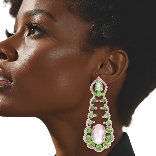 AKA Sorority Ruffled Pink Green Crystal Earrings