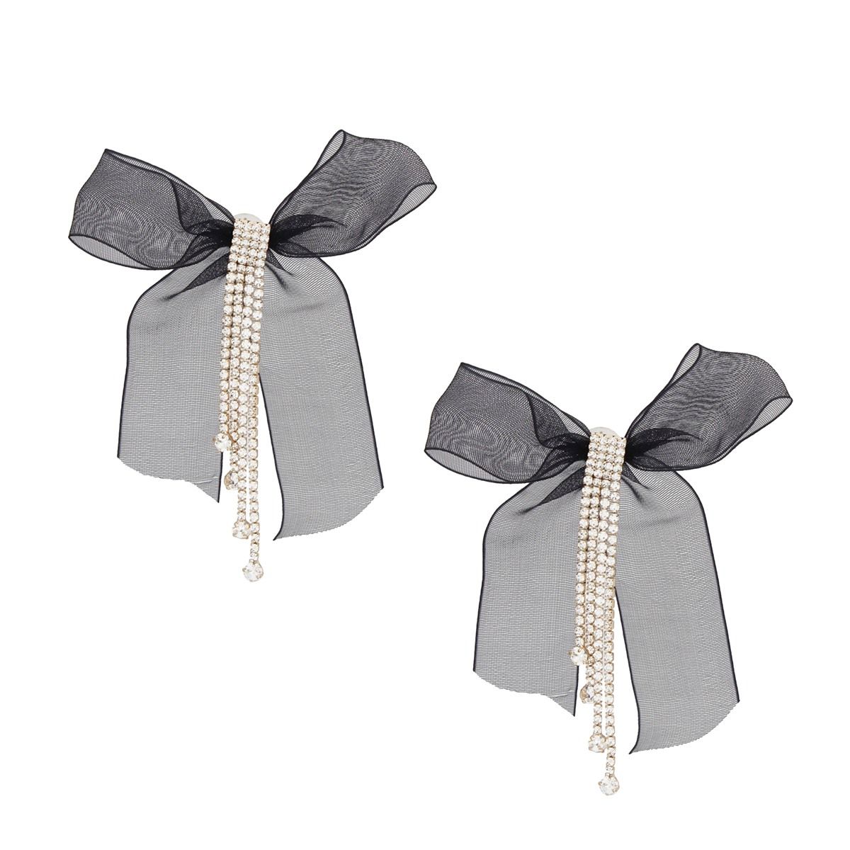 Tassel Black Ribbon Bow Sparkling Fringe Earrings